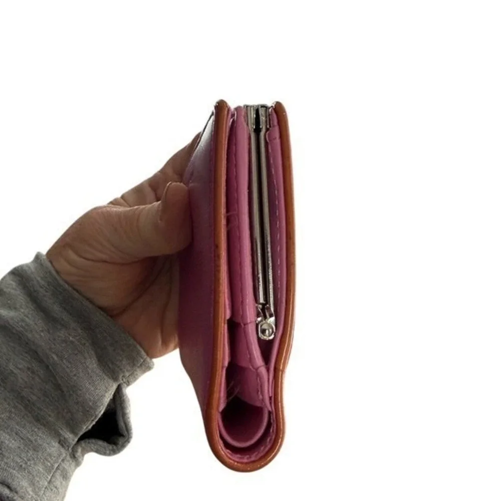 Coach Pink Leather Kisslock Bifold Wallet with Tan Trim‎ and Silver Hardware